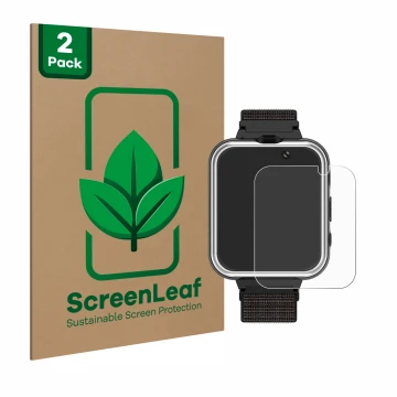 Vorderseite einer Produktverpackung mit dem Markenlogo ScreenLeaf. Daneben ist das Gerät Pthtechus X32 mit dem zugehörigen Dis