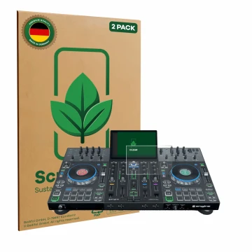Vorderseite einer Produktverpackung mit dem Markenlogo ScreenLeaf. Daneben ist das Gerät Denon DJ Prime 4 mit dem zugehörigen 