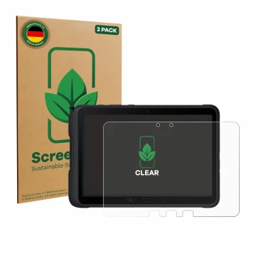 Vorderseite einer Produktverpackung mit dem Markenlogo ScreenLeaf. Daneben ist das Gerät Samsung Galaxy Tab Active 4 Pro mit d