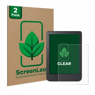 Vorderseite einer Produktverpackung mit dem Markenlogo ScreenLeaf. Daneben ist das Gerät Kobo Clara 2E mit dem zugehörigen Dis