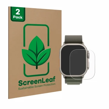 Vorderseite einer Produktverpackung mit dem Markenlogo ScreenLeaf. Daneben ist das Gerät Apple Watch Ultra (49 mm) mit dem zug