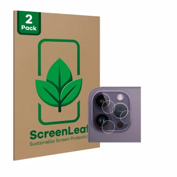 Vorderseite einer Produktverpackung mit dem Markenlogo ScreenLeaf. Daneben ist das Gerät Apple iPhone 14 Pro (NUR Kameraschutz