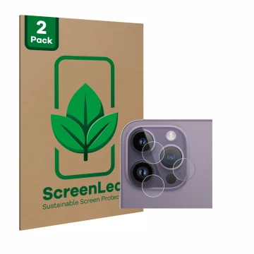 Vorderseite einer Produktverpackung mit dem Markenlogo ScreenLeaf. Daneben ist das Gerät Apple iPhone 14 Pro Max (NUR Kamerasc