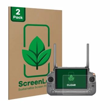 Vorderseite einer Produktverpackung mit dem Markenlogo ScreenLeaf. Daneben ist das Gerät DJI RC Plus mit dem zugehörigen Displ