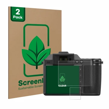Vorderseite einer Produktverpackung mit dem Markenlogo ScreenLeaf. Daneben ist das Gerät Fujifilm X-H2 mit dem zugehörigen Dis