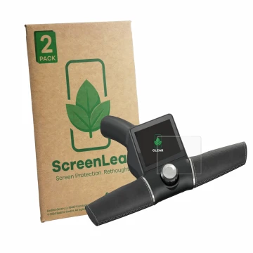 Vorderseite einer Produktverpackung mit dem Markenlogo ScreenLeaf. Daneben ist das Gerät Motocaddy M3 GPS Electric Trolley 202
