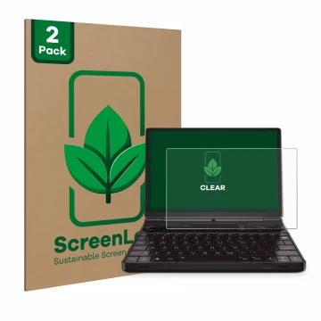 Vorderseite einer Produktverpackung mit dem Markenlogo ScreenLeaf. Daneben ist das Gerät GPD Win Max 2 mit dem zugehörigen Dis