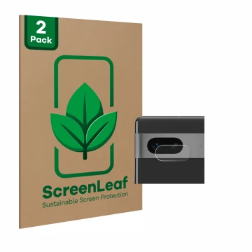 Vorderseite einer Produktverpackung mit dem Markenlogo ScreenLeaf. Daneben ist das Gerät Google Pixel 7 (NUR Kameraschutz) mit