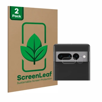 Vorderseite einer Produktverpackung mit dem Markenlogo ScreenLeaf. Daneben ist das Gerät Google Pixel 7 Pro (NUR Kameraschutz)