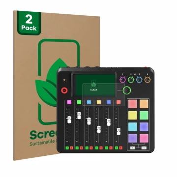 Vorderseite einer Produktverpackung mit dem Markenlogo ScreenLeaf. Daneben ist das Gerät Rode Rodecaster Pro II mit dem zugehö