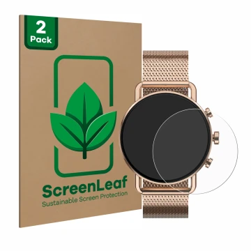 Vorderseite einer Produktverpackung mit dem Markenlogo ScreenLeaf. Daneben ist das Gerät Skagen Falster Gen 6 (41 mm) mit dem 