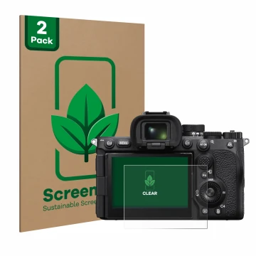 Vorderseite einer Produktverpackung mit dem Markenlogo ScreenLeaf. Daneben ist das Gerät Sony Alpha 7R V / a7R V mit dem zugeh