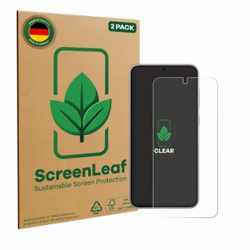 Vorderseite einer Produktverpackung mit dem Markenlogo ScreenLeaf. Daneben ist das Gerät Samsung Galaxy S23 mit dem zugehörige