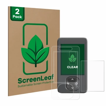 Vorderseite einer Produktverpackung mit dem Markenlogo ScreenLeaf. Daneben ist das Gerät Dexcom G7 CGM mit dem zugehörigen Dis