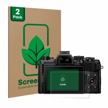 Vorderseite einer Produktverpackung mit dem Markenlogo ScreenLeaf. Daneben ist das Gerät Olympus OM System OM-5 mit dem zugehö