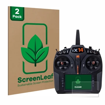 Vorderseite einer Produktverpackung mit dem Markenlogo ScreenLeaf. Daneben ist das Gerät Spektrum iX14 mit dem zugehörigen Dis