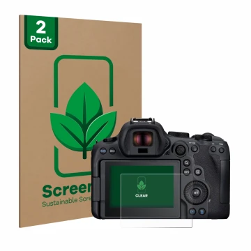 Vorderseite einer Produktverpackung mit dem Markenlogo ScreenLeaf. Daneben ist das Gerät Canon EOS R6 Mark II mit dem zugehöri