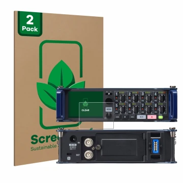 Vorderseite einer Produktverpackung mit dem Markenlogo ScreenLeaf. Daneben ist das Gerät Zoom F8 field recorder mit dem zugehö
