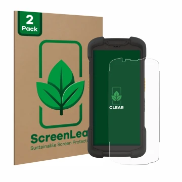 Vorderseite einer Produktverpackung mit dem Markenlogo ScreenLeaf. Daneben ist das Gerät Zebra TC73 mit dem zugehörigen Displa