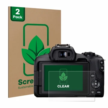 Vorderseite einer Produktverpackung mit dem Markenlogo ScreenLeaf. Daneben ist das Gerät Canon EOS R50 mit dem zugehörigen Dis