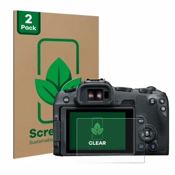Vorderseite einer Produktverpackung mit dem Markenlogo ScreenLeaf. Daneben ist das Gerät Canon EOS R8 mit dem zugehörigen Disp