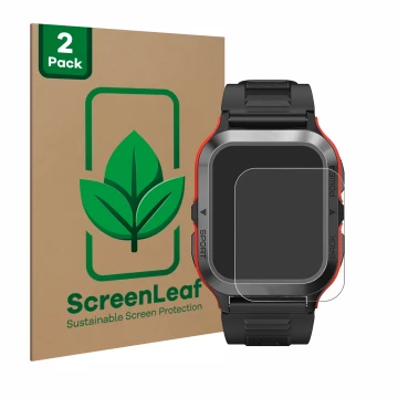 Vorderseite einer Produktverpackung mit dem Markenlogo ScreenLeaf. Daneben ist das Gerät Kospet Tank M2 mit dem zugehörigen Di