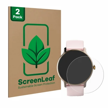 Vorderseite einer Produktverpackung mit dem Markenlogo ScreenLeaf. Daneben ist das Gerät Hama Fit Watch 4910 mit dem zugehörig