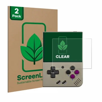 Vorderseite einer Produktverpackung mit dem Markenlogo ScreenLeaf. Daneben ist das Gerät Miyoo Mini Plus mit dem zugehörigen D