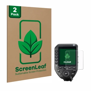 Vorderseite einer Produktverpackung mit dem Markenlogo ScreenLeaf. Daneben ist das Gerät Godox XPro II mit dem zugehörigen Dis