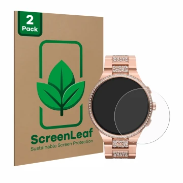 Vorderseite einer Produktverpackung mit dem Markenlogo ScreenLeaf. Daneben ist das Gerät Michael Kors Camille Gen 6 MKT5147 mi