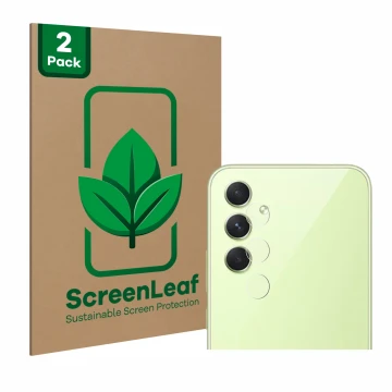 Vorderseite einer Produktverpackung mit dem Markenlogo ScreenLeaf. Daneben ist das Gerät Samsung Galaxy A54 5G (NUR Kameraschu