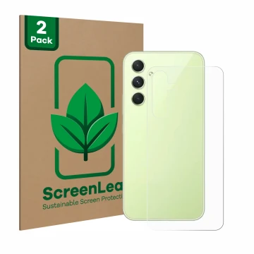 Vorderseite einer Produktverpackung mit dem Markenlogo ScreenLeaf. Daneben ist das Gerät Samsung Galaxy A54 5G (Rückseite) mit