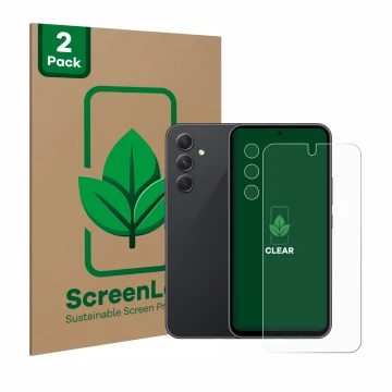 Vorderseite einer Produktverpackung mit dem Markenlogo ScreenLeaf. Daneben ist das Gerät Samsung Galaxy A54 5G (Display+Kamera
