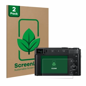 Vorderseite einer Produktverpackung mit dem Markenlogo ScreenLeaf. Daneben ist das Gerät Panasonic Lumix DC-TZ202D mit dem zug