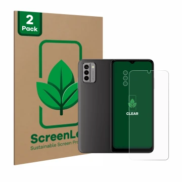 Vorderseite einer Produktverpackung mit dem Markenlogo ScreenLeaf. Daneben ist das Gerät Nokia G22 (Display+Kamera) mit dem zu