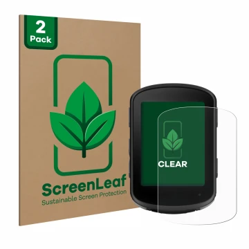 Vorderseite einer Produktverpackung mit dem Markenlogo ScreenLeaf. Daneben ist das Gerät Garmin Edge 540 mit dem zugehörigen D
