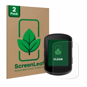 Vorderseite einer Produktverpackung mit dem Markenlogo ScreenLeaf. Daneben ist das Gerät Garmin Edge 840 mit dem zugehörigen D