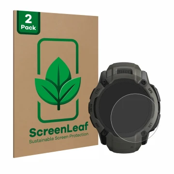 Vorderseite einer Produktverpackung mit dem Markenlogo ScreenLeaf. Daneben ist das Gerät Garmin Instinct 2X Solar mit dem zuge