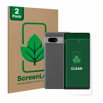 Vorderseite einer Produktverpackung mit dem Markenlogo ScreenLeaf. Daneben ist das Gerät Google Pixel 7a (Display+Kamera) mit 
