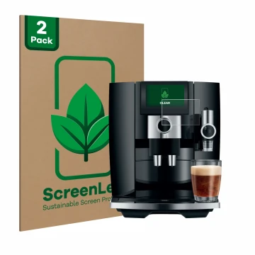 Vorderseite einer Produktverpackung mit dem Markenlogo ScreenLeaf. Daneben ist das Gerät Jura J8 mit dem zugehörigen Displaysc
