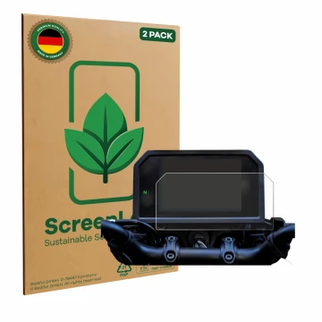 Vorderseite einer Produktverpackung mit dem Markenlogo ScreenLeaf. Daneben ist das Gerät Yamaha Tracer 9 GT+ 2023 mit dem zuge