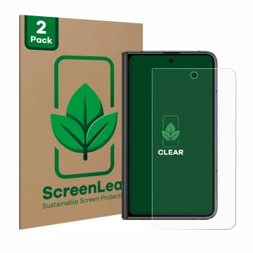 Vorderseite einer Produktverpackung mit dem Markenlogo ScreenLeaf. Daneben ist das Gerät Google Pixel Fold (Äußeres Display) m