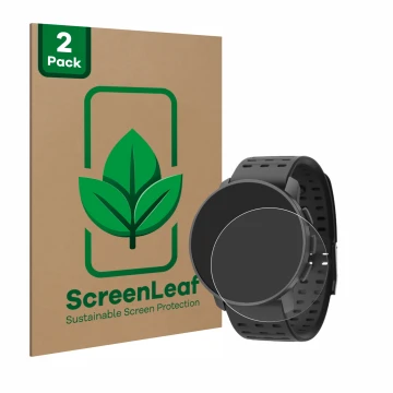Vorderseite einer Produktverpackung mit dem Markenlogo ScreenLeaf. Daneben ist das Gerät Suunto 9 Peak Pro mit dem zugehörigen