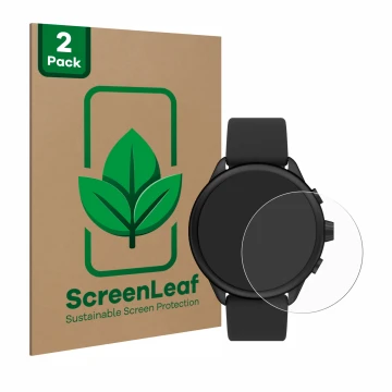Vorderseite einer Produktverpackung mit dem Markenlogo ScreenLeaf. Daneben ist das Gerät Fossil Smartwatch Wellness (Gen 6) Hy