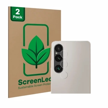 Vorderseite einer Produktverpackung mit dem Markenlogo ScreenLeaf. Daneben ist das Gerät Sony Xperia 1 V (NUR Kameraschutz) mi