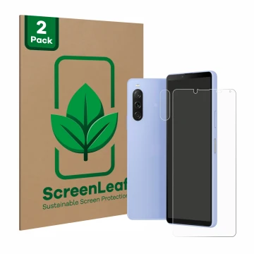 Vorderseite einer Produktverpackung mit dem Markenlogo ScreenLeaf. Daneben ist das Gerät Sony Xperia 10 V (Display+Kamera) mit