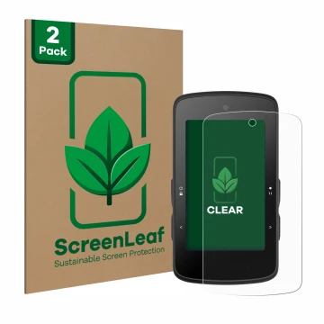 Vorderseite einer Produktverpackung mit dem Markenlogo ScreenLeaf. Daneben ist das Gerät Bryton Rider 750 SE mit dem zugehörig