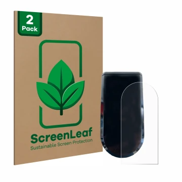 Vorderseite einer Produktverpackung mit dem Markenlogo ScreenLeaf. Daneben ist das Gerät Egret Pro mit dem zugehörigen Display