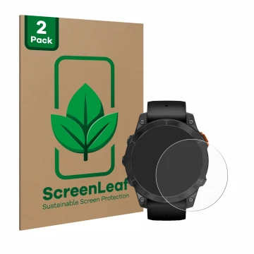 Vorderseite einer Produktverpackung mit dem Markenlogo ScreenLeaf. Daneben ist das Gerät Garmin Fenix 7 Pro Solar (47 mm) mit 