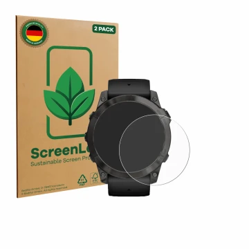 Vorderseite einer Produktverpackung mit dem Markenlogo ScreenLeaf. Daneben ist das Gerät Garmin Epix Pro (Gen 2) (51 mm) mit d